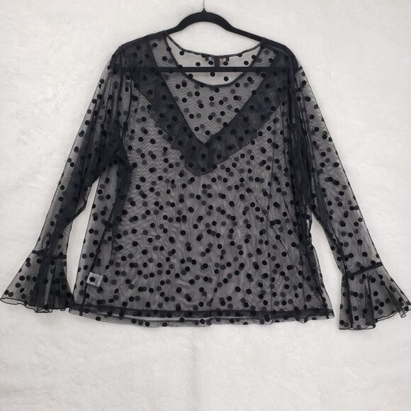 Ups & Downs Blouse Women 2X Black Sheer Polka Dot Mesh Ruffle Dark Coquette - Picture 6 of 9